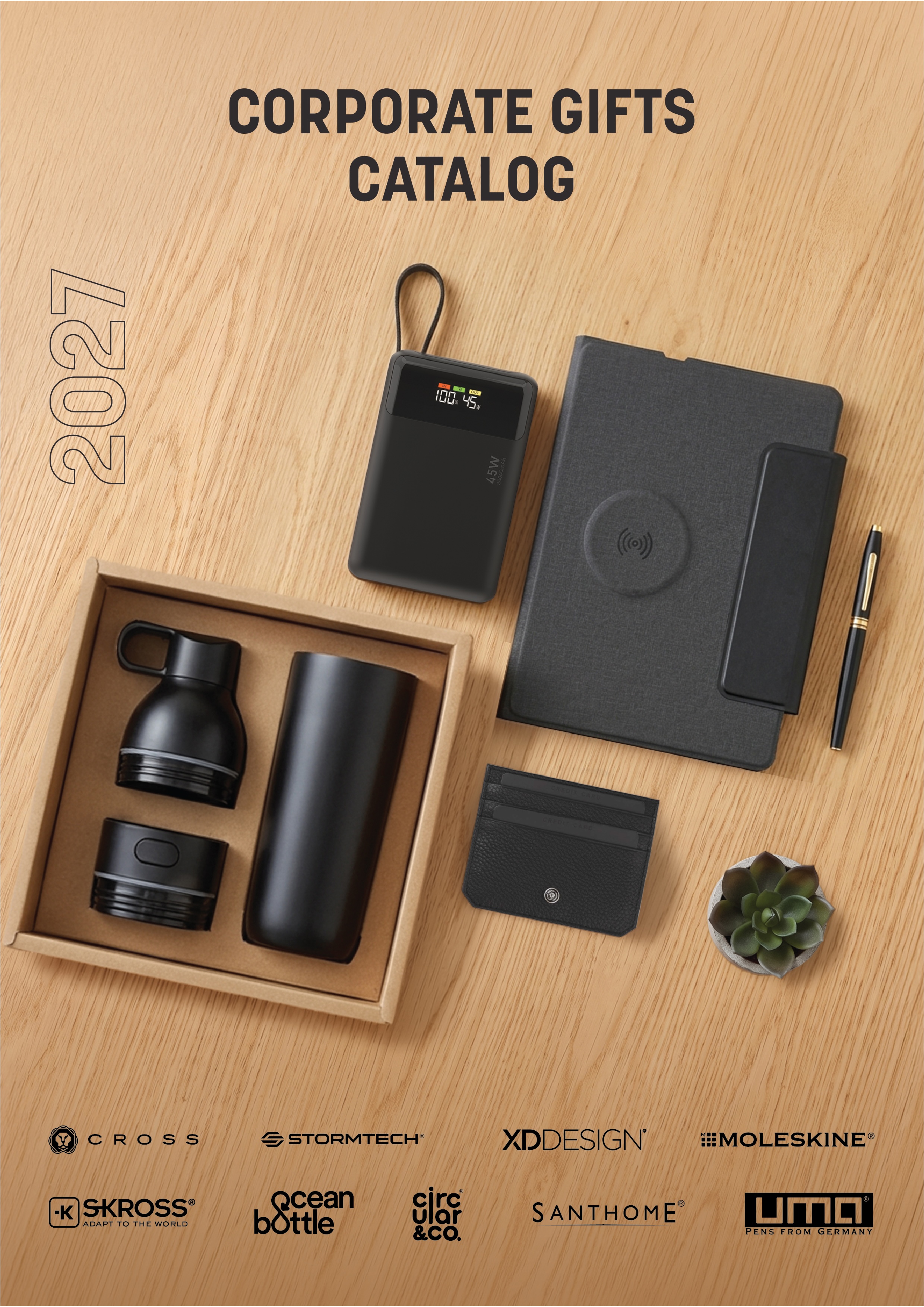 Corporate gift ideas including a notebook, wireless charger, pen, card holder and drinkware gift set
